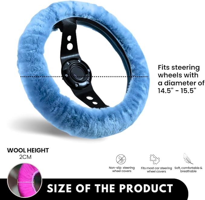 Andalus Brands Luxury Fluffy Car Steering Wheel Covers – Genuine Merino Sheepskin, Soft Fuzzy Car Steering Wheel Cover for Women, Universal 14.5-15" Size, Plush Fur Cute Auto Accessories, Sky Blue