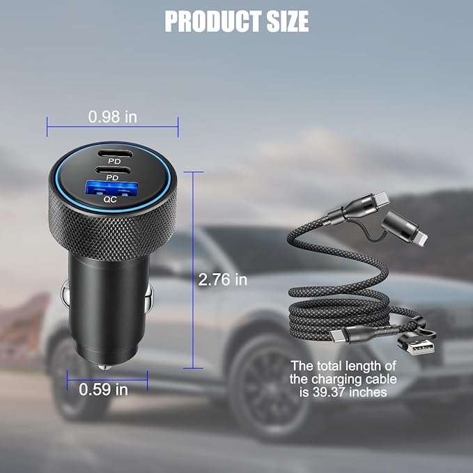 USB C Car Charger, 3-Port 82.5W Dual PD Fast Charging QC Vehicle Power Adapter Cigarette Lighter with Fast Charger Cable, Automotive Charging Accessories, Universal for SUV RV Truck (Black)