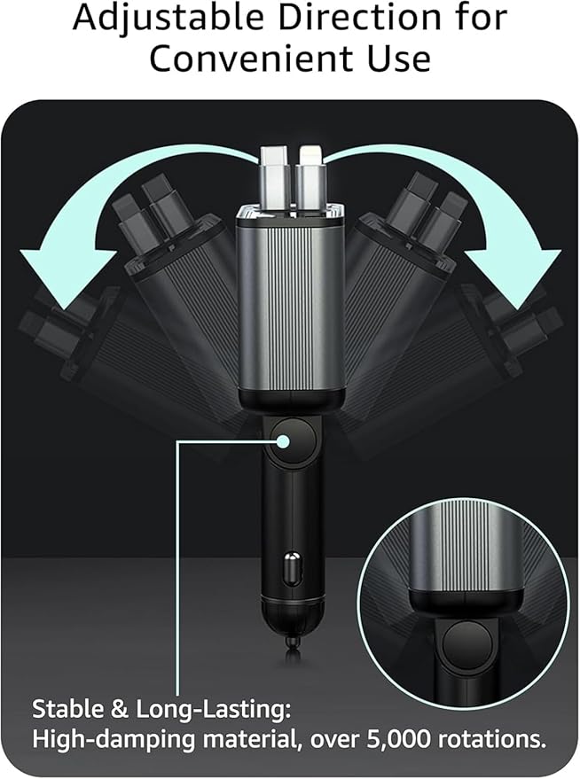 Retractable Car Charger USB C,107W Type C Car Charger Fast Charging with Dual Retractable Cable and USB Ports for iPhone 17/16/15,S25/24/23, Pixel 9/8/7(Build-in USB-C & Lightning Cable)