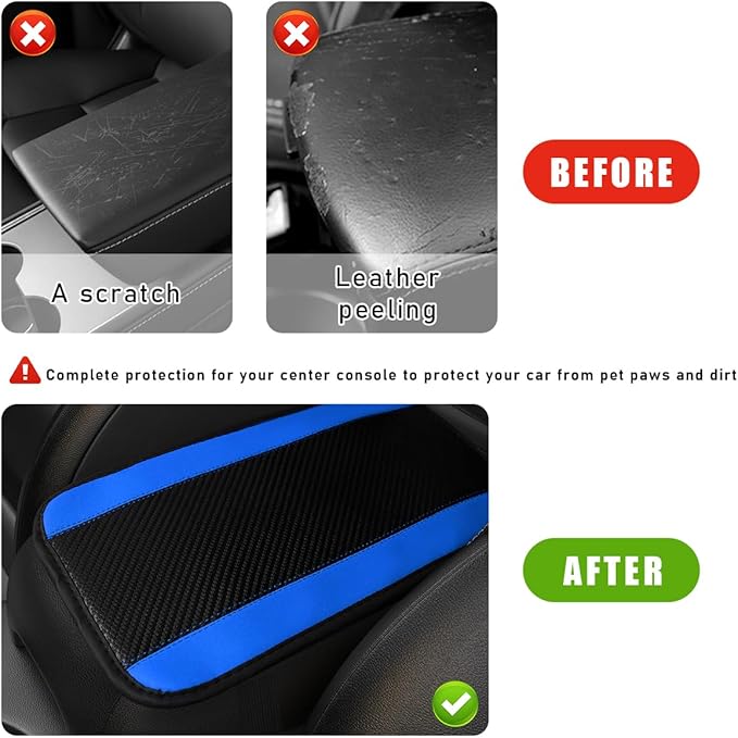 Car Center Console Pad, PU Leather Auto Armrest Seat Box Cover Protector, Comfortable Arm Rest Storage Box Mat for Vehicle Interior Protection, Universal Car Accessories (Carbon Fiber Blue)