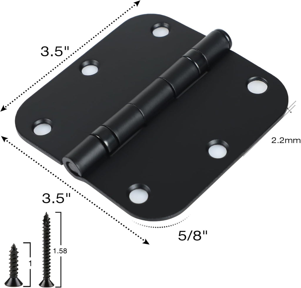 12 Pack Anti Squeak Matte Black Door Hinges 3.5 Inch 5/8" Radius Round Ball Bearing Interior 3-1/2"Flat Bifold Standard Bedroom Indoor for Doors 3 ½" Hardware Essentials House Home Decor Accessories