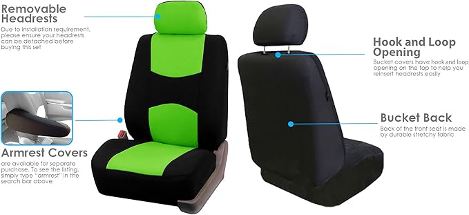 FH Group Car Seat Covers Flat Cloth Automotive Green Full Set, Rear Solid Bench Universal Fit Combo Steering Wheel Cover & Seat Belt Pads Car Seat Protector for Cars Trucks SUV Interior Accessories