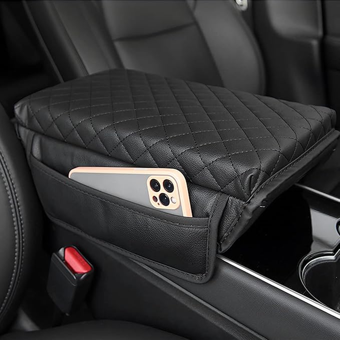 zipelo Car Armrest Cushion, Carbon Fiber Leather Auto Center Console Pad, Memory Foam Armrest Box with Storage Bag, Hand Rest Pillow with Organizer Pockets, Universal Fit for Most Vehicles (Gray)