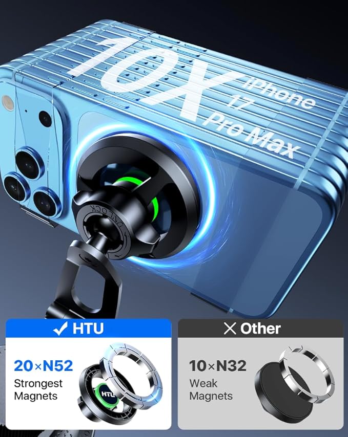 HTU 2026 Upgraded Car Phone Holder for Magsafe Magnetic Car Phone Mount [360° Adjustable 99LBS Ultra Suction] Cell Phone Holders for Tesla Cars/Gym/Mirror Mount for iPhone & Android (Black)