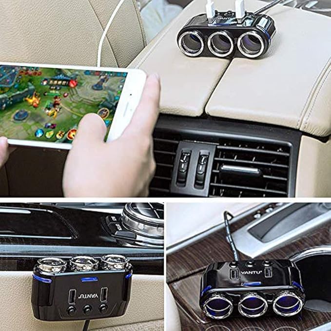 Car Cigarette Lighter Splitter, 3 Socket Dual USB Cigarette Lighter Adapter Multi-Functions 120W 3.1A DC 12V/24V for iPhone iPad Samsung GPS Dashcam