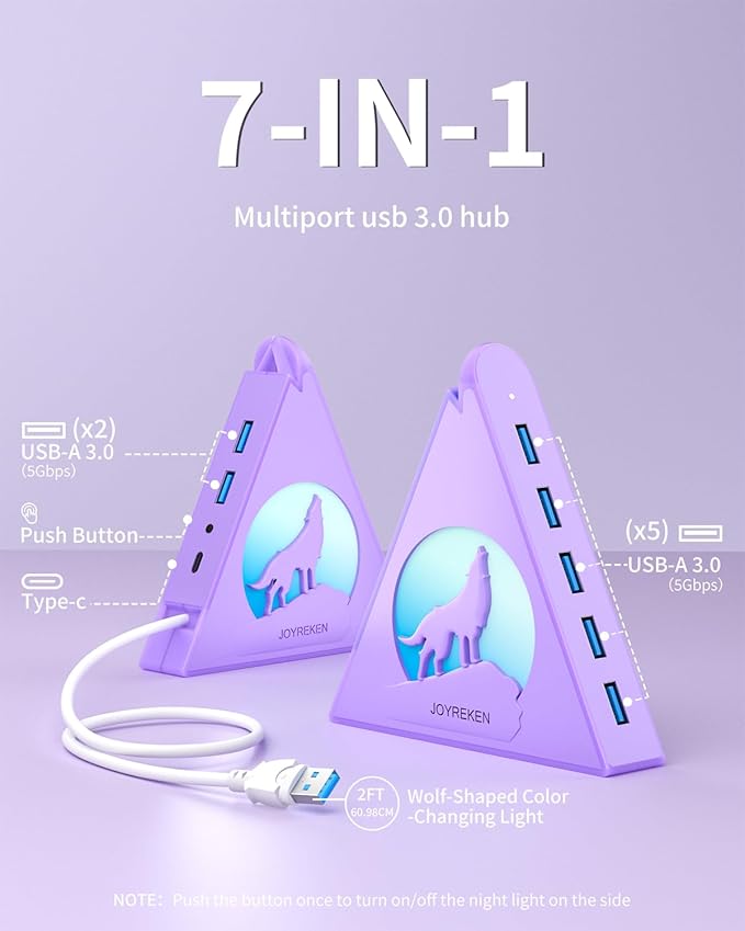 USB 3.0 Hub 7 Port, Vertical USB Splitter with RGB Lighting, 5Gbps High-Speed Data Transfer, 2FT Extension Cable, Tower USB Hub for PC, Laptop, MacBook, PS5, Xbox, Flash Drive, Printer (Light Purple)