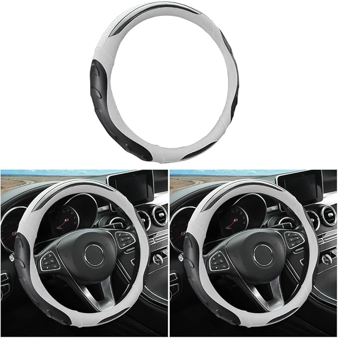 Leather Steering Wheel Cover, Auto Car Stretch Steering Wheel Protector, Universal 15 Inch Anti-Slip Breathable Odorless Steering Wheel Cover for Men Women (Black/White)