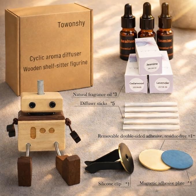 Car Air Freshener Wobbly Wooden Doll – Reusable & Refillable Linden Wood Car Diffuser Ornament, Handmade Shaking Feet Dashboard Decoration, Add Any Fragrance, 3 Scents (Lavender, Hilton & Jasmine)