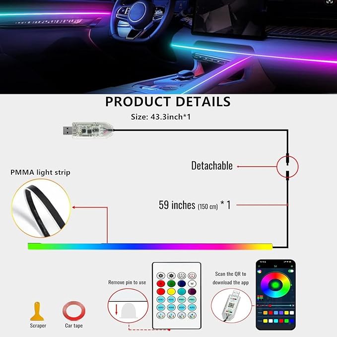 Dreamcolor Acrylic Interior Car LED Strip Lights,43.3in USB RGB Neon Flexible Strip Fiber Optic LED Ambient Lighting Kits with Remote APP, RGB Music Lights Sync for Inside car Decorations