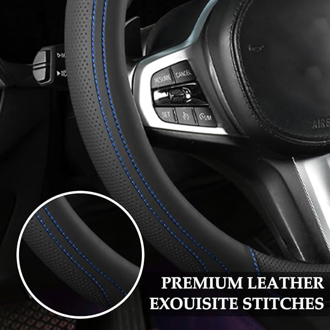 HZEL Car Steering Wheel Cover, 15 Inch Leather Comfortable Vehicle Steering Wheel Protector with Inner Rring, Anti-Slip Automotive Interior Accessories, Universal for SUV RV Truck (Black/Blue)