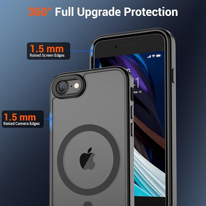 SUPFINE Magnetic for iPhone SE Case 2022 (3rd)/2020 (2nd), iPhone 8 Case (Compatible with MagSafe) (Military Grade Drop Protection) Translucent Matte Phone Cover,Black