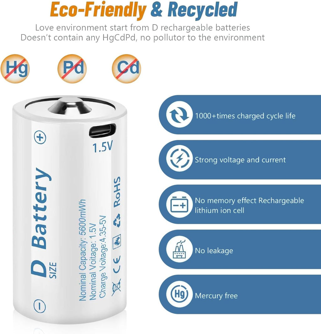 1.5V D Size Cell Battery for Flashlight Toys & floodlight,Lithium D Batteries Rechargeable 8 Pack, Rechargeable D Size Batteries with USB-C 4 in 1 Charging Cable.