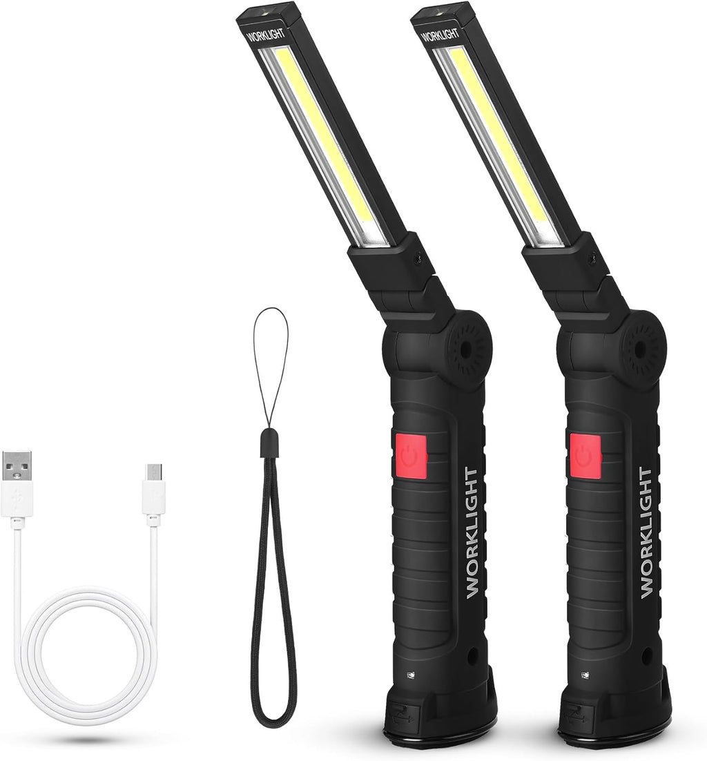 Suranew LED Worklight Flashlight, COB Rechargeable Work Lights with Magnetic Base 360 Degree Rotate and 5 Modes Portable Flood Light Inspection Construction Light for Car Repair (Black Green, 2 Pack)