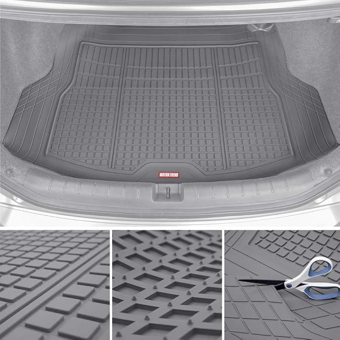 Motor Trend FlexTough Gray Floor Mats for Cars & Cargo Mat Full Set - All Weather Front & Rear Rubber Automotive Floors Mats & Cargo Liner for SUV, Car, & Van - Interior Trunk Mat & Floor Cover