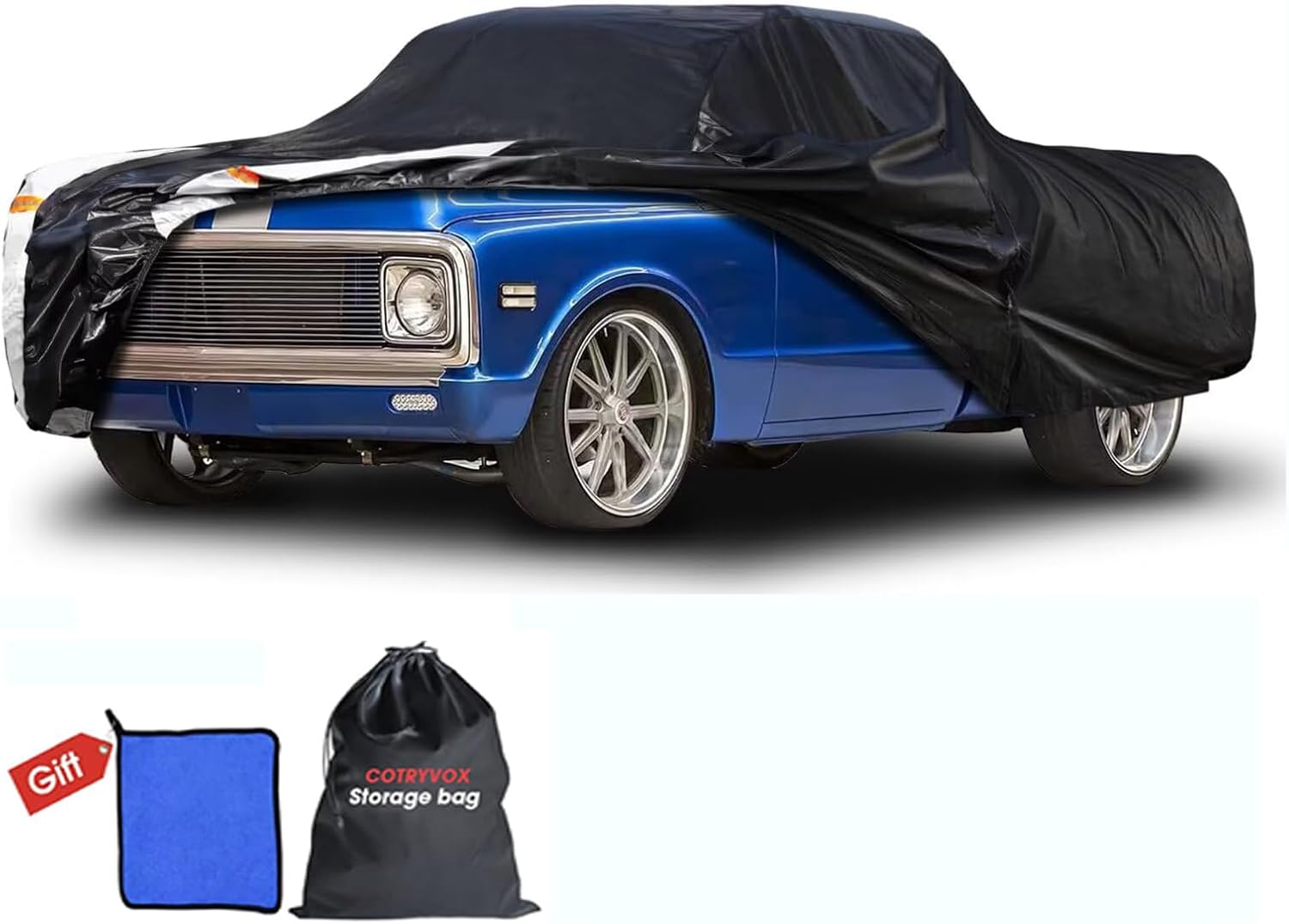 C10 Truck Cover Custom Fit 1960-2002 Standard/Extended/Crew Cab SB (6.5'-6.6') with Door Zipper, 12 Layers Outdoor Pickup Truck Cover Waterproof All Weather, for Wind Dust Rain UV Protector.