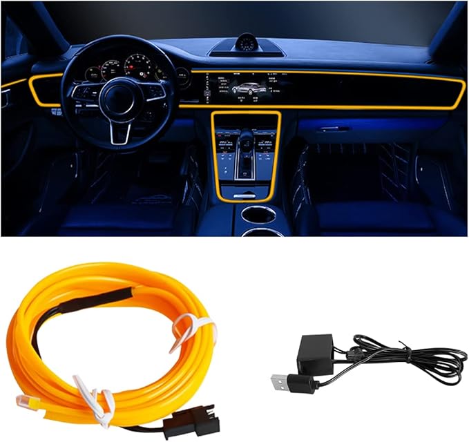 EL Wire LED Strip Lights, 10FT/3M USB Auto Neon Light Strip with Sewing Edge, Electroluminescent Car Ambient Lighting Kits with Fuse Protection, Car Decoration Accessories (Yellow)