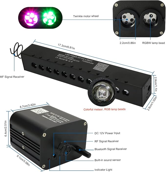 AKEPO 20W Twinkle Dual-Head Dual Color Fiber Optic Lights, Fiber Optic Colorful Meteor Light Kit Sound Activated APP/Remote Control for Car Starlights Headliner/Home 1300pcs 13.1ft/4m Fiber Strands
