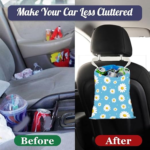 Daisy Flower Print Car Trash Bag Hanging Garbage Bag with Snap Buttons Car-Back Seat Trash Storage Portable Dustbin for Men Women Car Interior Accessories Travel Camping