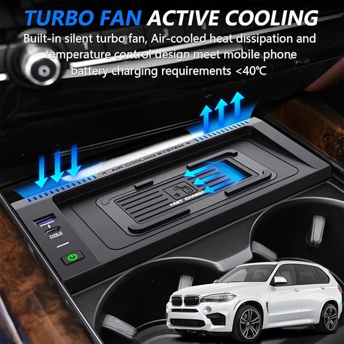 Wireless Car Charger for BMW X5 2014-2018 BMW X6 2015-2019, OEM Custom Fit with 27W USB-A & Type-C Wireless Fast Phone Charging Pad for BMW X5 (F15)/X6 (F16) 2014-2019 Interior Accessories