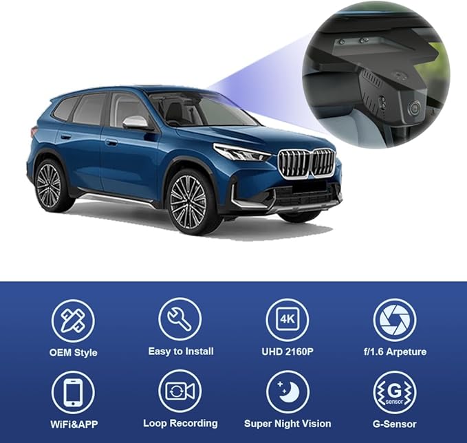 Fitcamx 4K Dash Cam Suitable for BMW X1 2023-2026 Xdrive28i M35i U11 (HD2-6576), OEM Factory Style, UHD 2160P Video, Built-in WiFi & APP, Loop Recording, Gravity Sensor, Plug & Play, 64GB Card