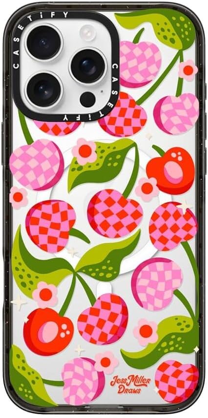 CASETiFY Impact Case for iPhone 16 Pro Max [Slim / 8.2 ft. 4X Military Grade Drop Protection/Compatible with Magsafe] - Checkered Cherries - Clear Black
