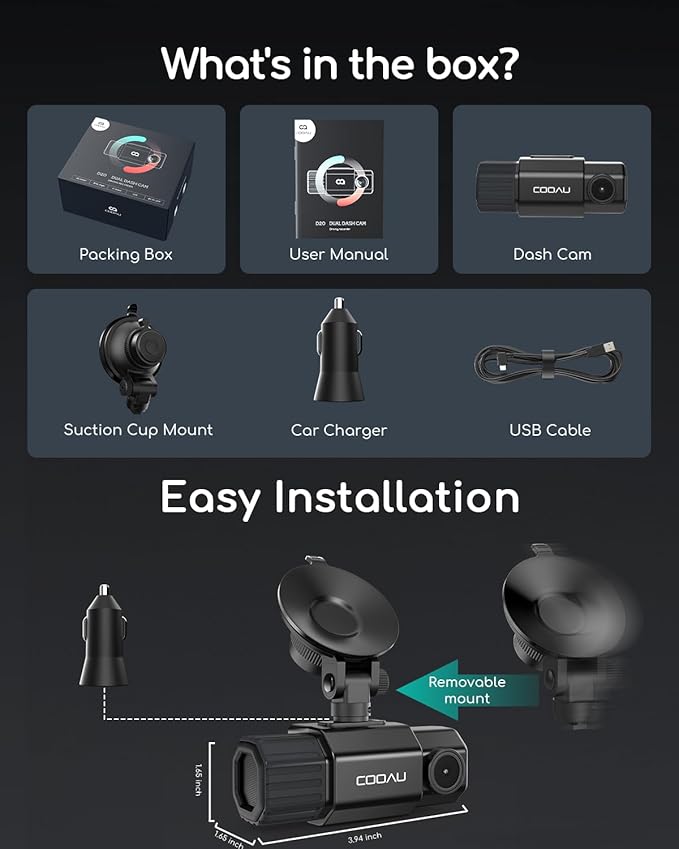 COOAU Dual Dash Cam 2.5K+1080P, Dash Cam Front and Inside, Built-in GPS and WI-FI, Dash Camera for Cars, Perfect for Uber and Taxi Drivers, Night Vision, Accident Record, 24Hr Parking Mode