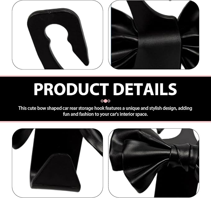 2PCS Car Seat Headrest Hooks, Cute Bow Car Backseat Storage Hooks, Lovely Leather Auto Purse Hook Hanger, Women and Girl Car Interior Accessories for Umbrellas, Coat, Bag (Leather-Black)