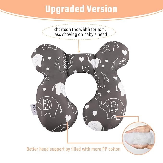 vocheer Baby Travel Pillow(Upgraded), Head and Neck Support Pillow for Pushchair, Car Seat,Stroller, Bouncer, Cotton (Elephant)