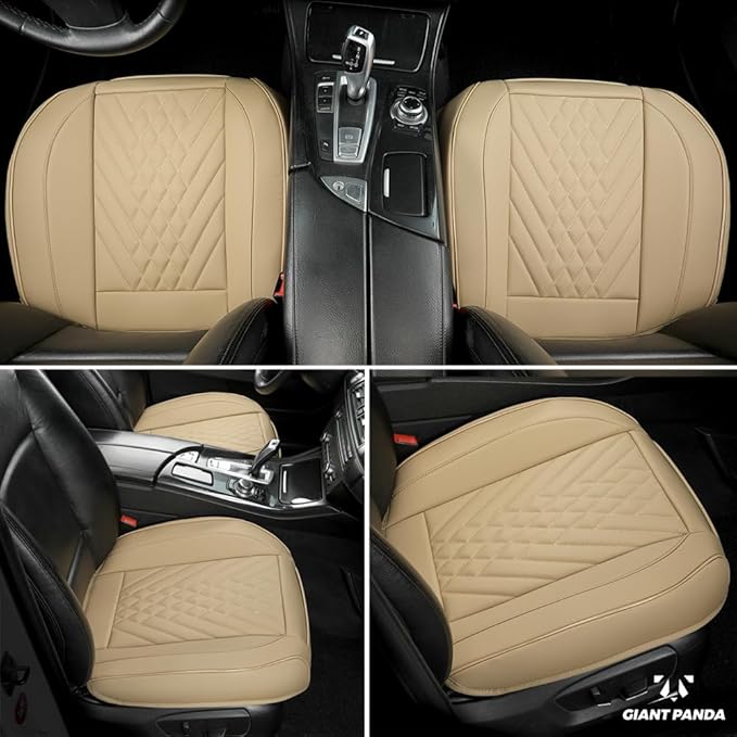 GIANT PANDA 2pcs Front Car Seat Covers Bottom Seat Covers, PU Leather Driver Car Seat Protectors Fits 95% of Vehicles, Wrapping Around The Bottom (Beige)