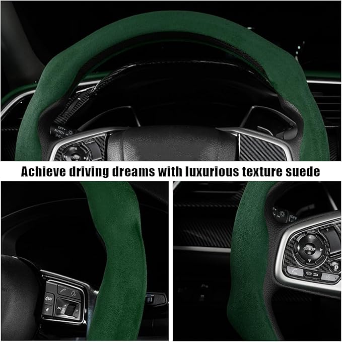 Mandark Car Steering Wheel Cover, Suede Sport Vehicle Steer Wheel Protector Fitting 15 Inch, Non-Slip Comfortable Automotive Interior Decoration Accessories, Universal for Most Cars (Black Green)
