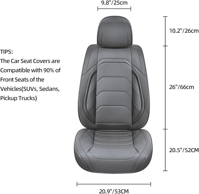 Grey Car Seat Covers Front Pair, Breathable Leather Automotive Front Seat Covers & Headrest for Reduce The Driving Fatigue, Compatible with Most Cars Sedans SUV Pickup Trucks