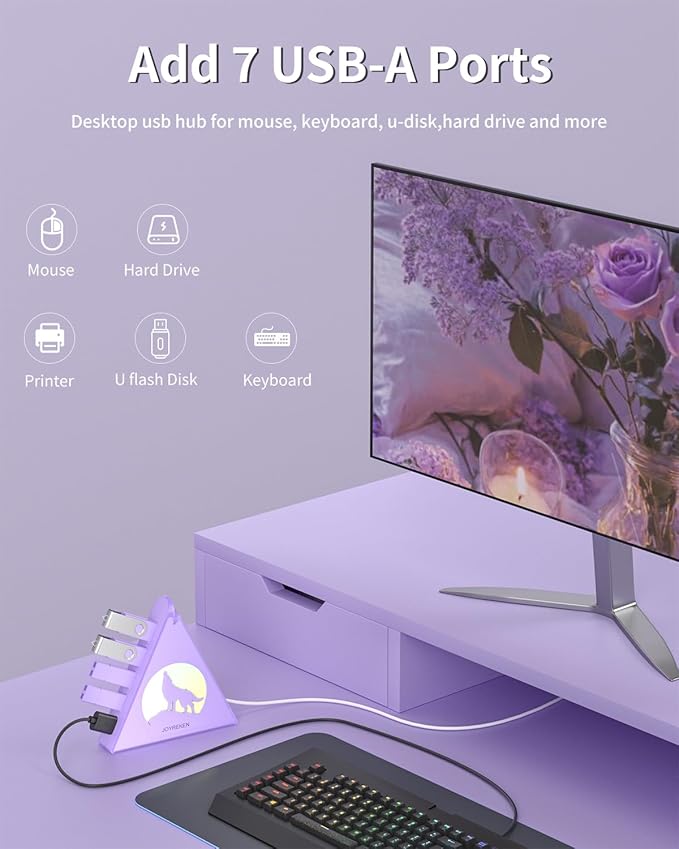 USB 3.0 Hub 7 Port, Vertical USB Splitter with RGB Lighting, 5Gbps High-Speed Data Transfer, 2FT Extension Cable, Tower USB Hub for PC, Laptop, MacBook, PS5, Xbox, Flash Drive, Printer (Light Purple)