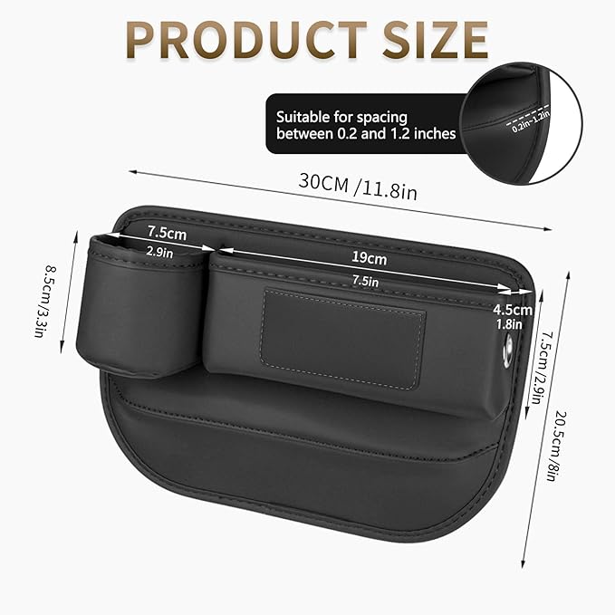 Kwak's Car Seat Gap Filler Organizer (2PC) – Fits 0.2"-1.2" Gap Premium Leather Car Console Organizer for Phone/Keys – Universal Front Seat Organizer for Car SUV Truck (Black)