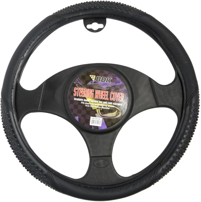 BDK Sporty Two Tone Ergonomic Grip Steering Wheel Cover - Massaging Gel Grip for Standard Size Wheels 14.5-15 inch Black/Black