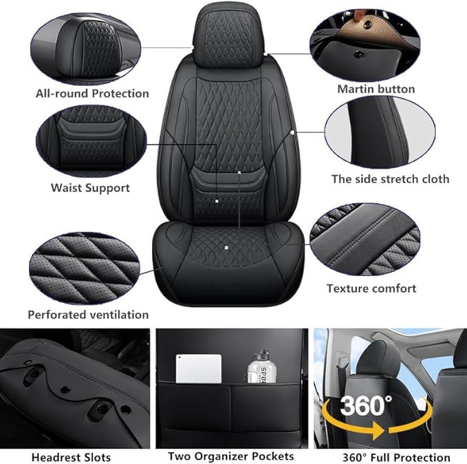 Car Seat Covers Full Set Custom Fit for Saturn Ion 2003-2010 - Premium Faux Leather with Lumbar Support | Breathable, Waterproof, Anti-Slip, Durable (Black,Full Set)