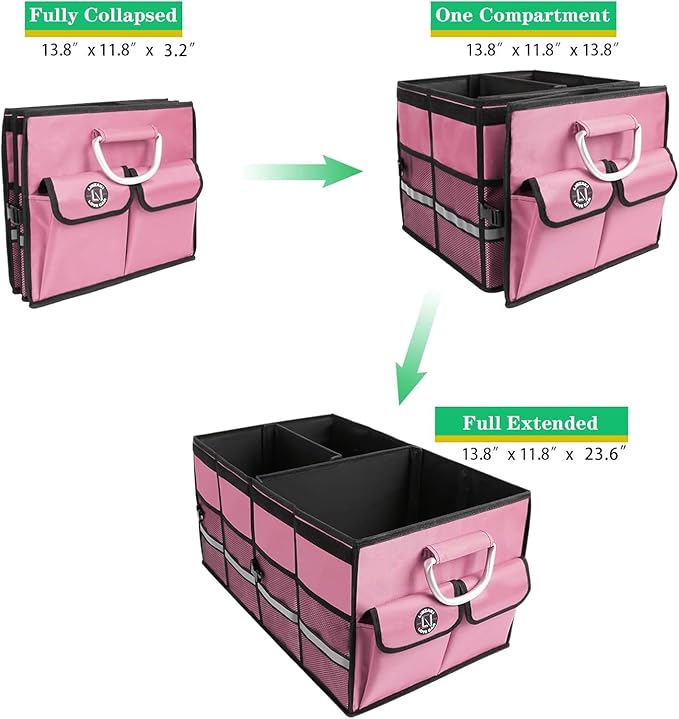 Car Trunk Organizer, Cargo Organizer SUV Trunk Storage Non Slip Bottom Waterproof Collapsible Durable Multi Compartments-(Standard,Pink)