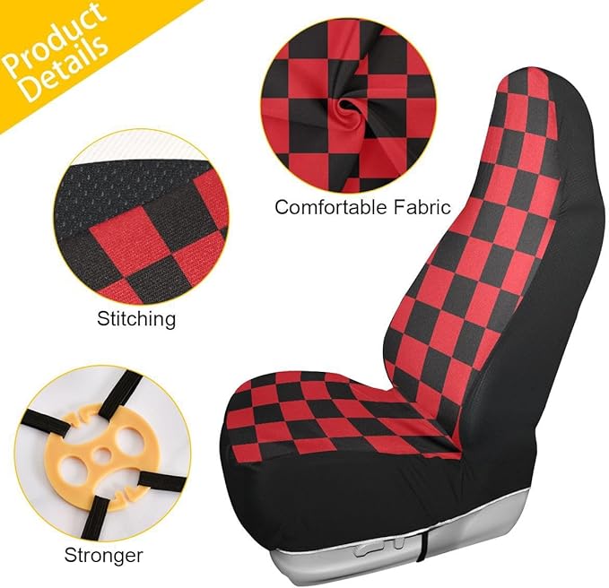 Checkered Car Seat Covers Set of 2,Geometric Christmas Plaid Pattern Black and Red Universal Front Seat Protector Vehicle Seat Cushion Cover for Women Men Cute Car Accessories for Car Truck