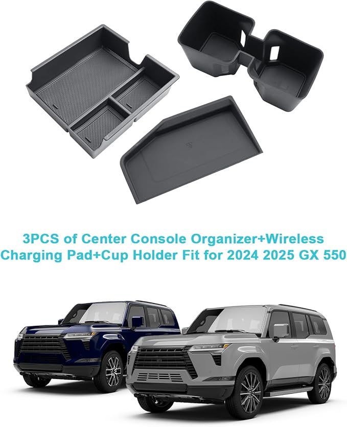 CDEFG 3PCS for 2024 2025 2026 Lexus GX 550 Center Console Organizer Tray for 2024-2026 Lexus GX550 Accessories Middle Console Cup Holder Wireless Charing Pad Storage Box(Not for Cool Box)
