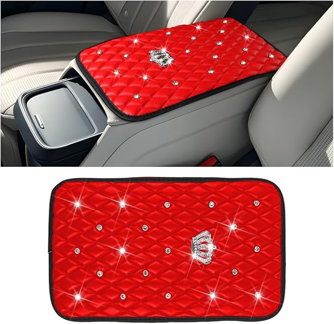 Mandark Bling Car Center Console Cover, Rhinestones Crown Vehicle Armrest Seat Box Mat Pad, Diamond Automotive Interior Arm Rest Cushion Protector Decor Accessories, Universal Fit(Red)