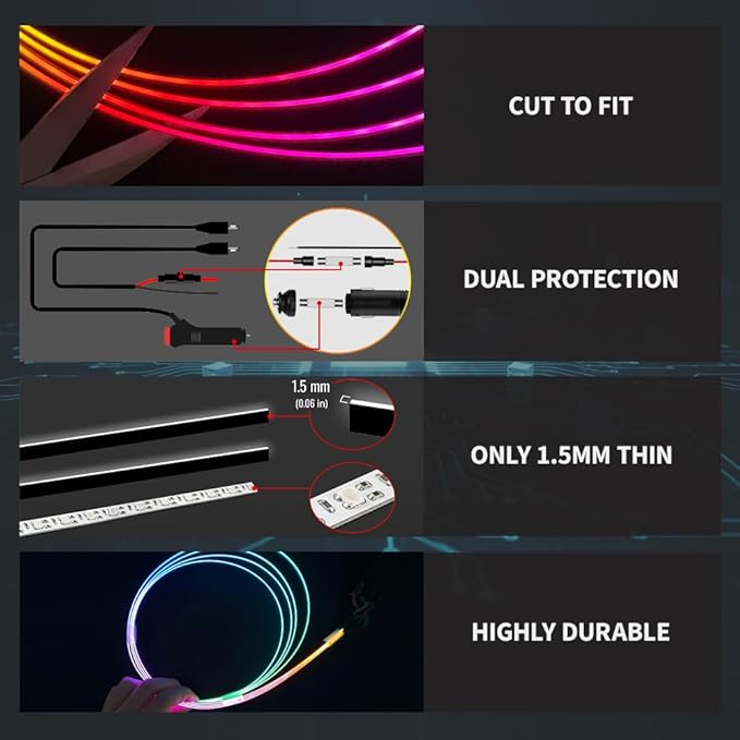Ambient Lighting Car Led Lights Interior Kit,2PCS 43.3 inches Dream Color Acrylic Led Strips Lights for Car Interior Dashboard,DC 12V Fiber Optic Music Sync Neon Ambiance Lighting with Wireless APP