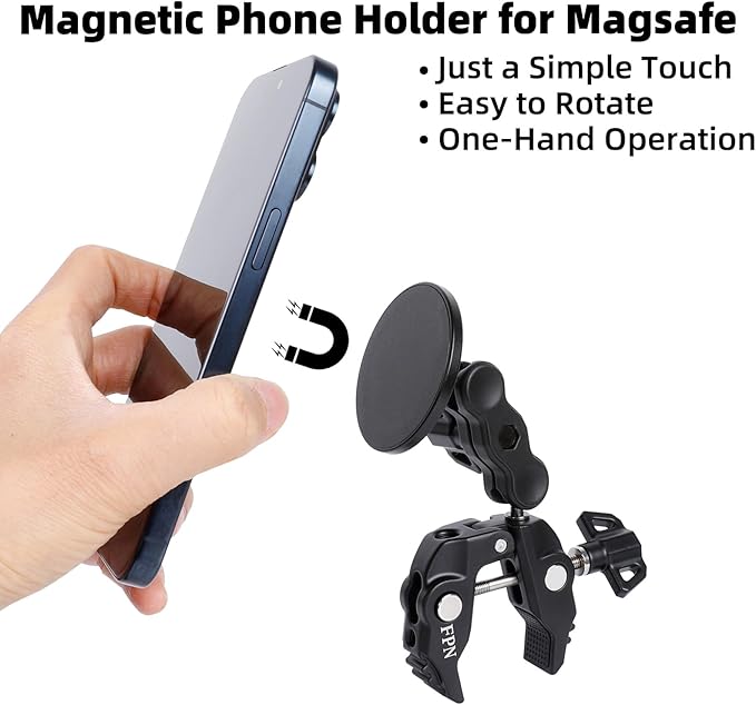All-Metal Magnetic Phone Holder for Magsafe, Magnet Phone Mount with Super Clamp for Spin Bike/Microphone Stand/Cart/Railing/Handlebar/Dia 0.4-2" Rod, Compatible with iPhone 16 15 14 13 12 Series