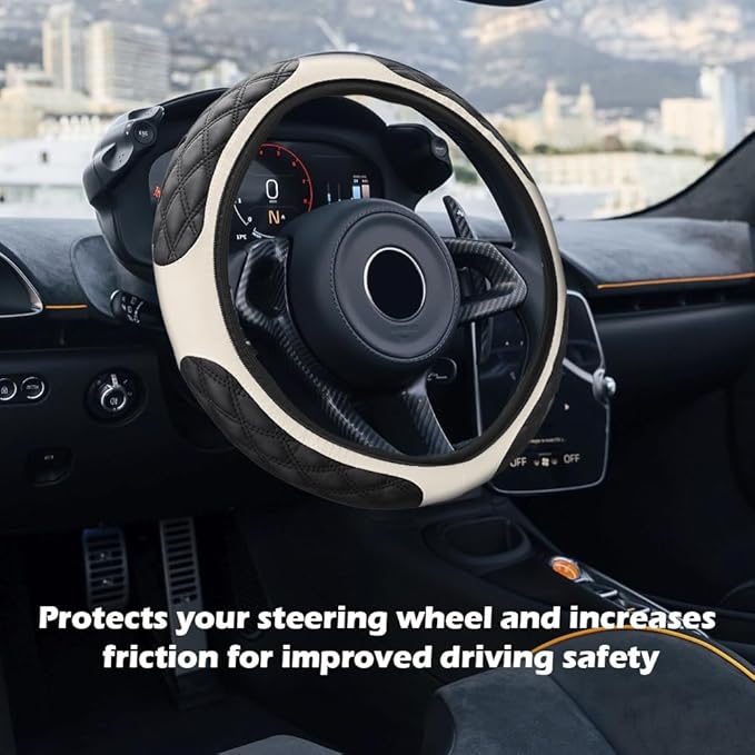 15 Inch Car Steering Wheel Covers with Double Colors,Non-Slip Leather Steering Wheel Cover for Protecting Steerings Wheels,Universal Cars Decorations Car Wheels Cover (White)