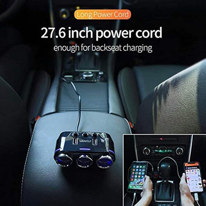 Car Cigarette Lighter Splitter, 3 Socket Dual USB Cigarette Lighter Adapter Multi-Functions 120W 3.1A DC 12V/24V for iPhone iPad Samsung GPS Dashcam