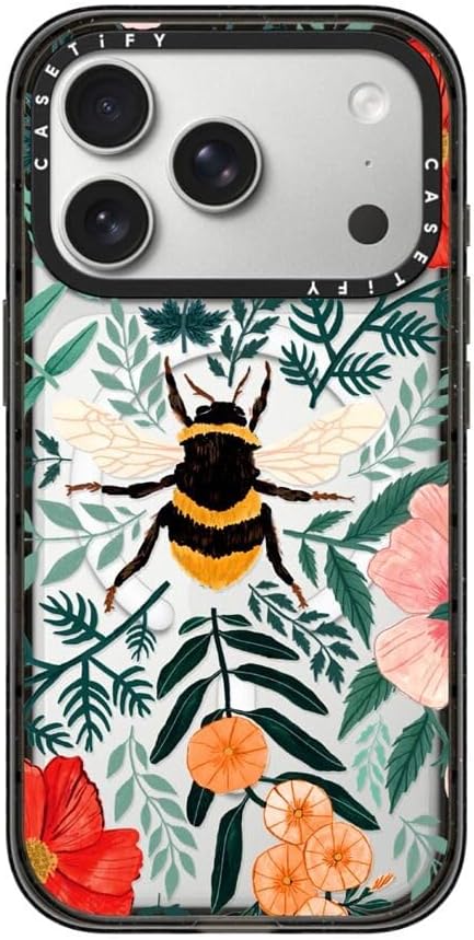 CASETiFY Impact iPhone 17 Pro Case [Slim/Compatible with Magsafe / 8.2 ft. 4X Military Grade Drop Protection] - Bee in The Flowers - Clear Black