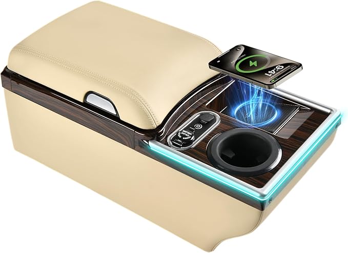 Coverado Center Console, Universal Bench Seat Center Console with Wireless Charging & Cup Holder & 7 Light Modes, Truck Back Seat Car Organizer, Rear Central Car Armrest Box with Storage, Beige