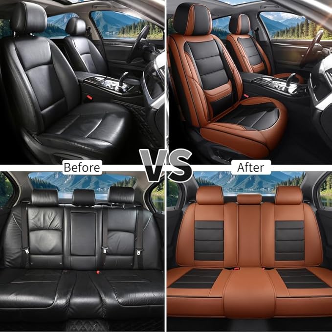 Car Seat Covers Full Set Custom Fit for Pontiac Vibe 2003-2010-Luxury Leather with Lumbar Support, Breathable, Waterproof, Anti-Slip, Durable, Easy to Install (BlackBrown,Full Set)