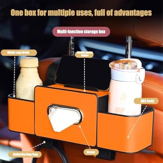Car Organizers and Storage Box, Multifunctional Car Organizer and Storage Box Back Seat, 3-in-1 Holder Tissue Dispenser, Phone Stand for Snacks, Drinks, Bag Hook, Keep Tidy & Organized (Orange)