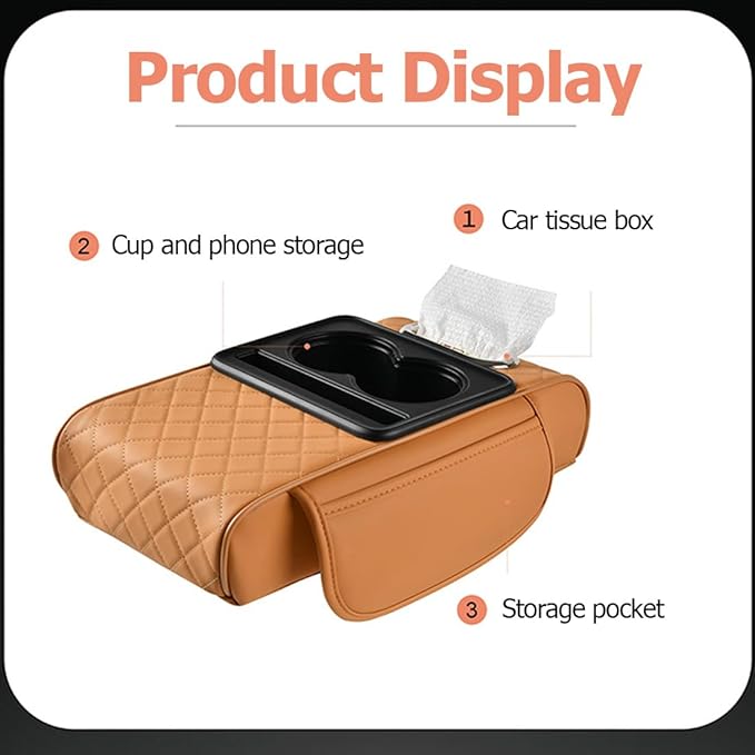 Car Armrest Cushion for SUV with Cup Holder 2.75" Height,5-in-1 Center Console Cover with 2 Storage Bags, Tissue Box Slot, Phone Slot for Sedans, Car Accessories Interior Organizers (Beige)