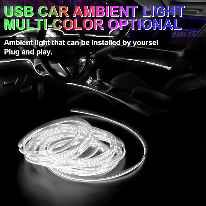 EL Wire LED Strip Lights, 10FT/3M USB Auto Neon Light Strip with Sewing Edge, Electroluminescent Car Ambient Lighting Kits with Fuse Protection, Car Decoration Accessories (White/10FT)
