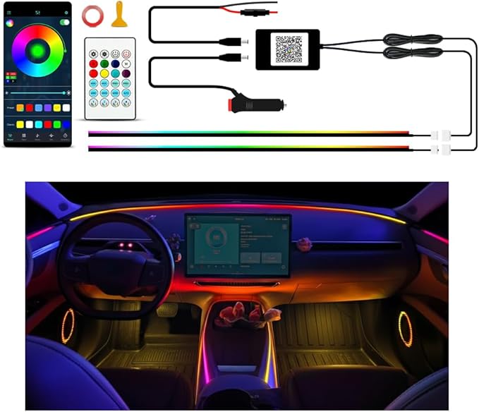 Ambient Lighting Car Led Lights Interior Kit,2PCS 43.3 inches Dream Color Acrylic Led Strips Lights for Car Interior Dashboard,DC 12V Fiber Optic Music Sync Neon Ambiance Lighting with Wireless APP